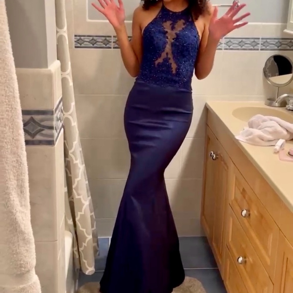 Blue lace mermaid prom dress